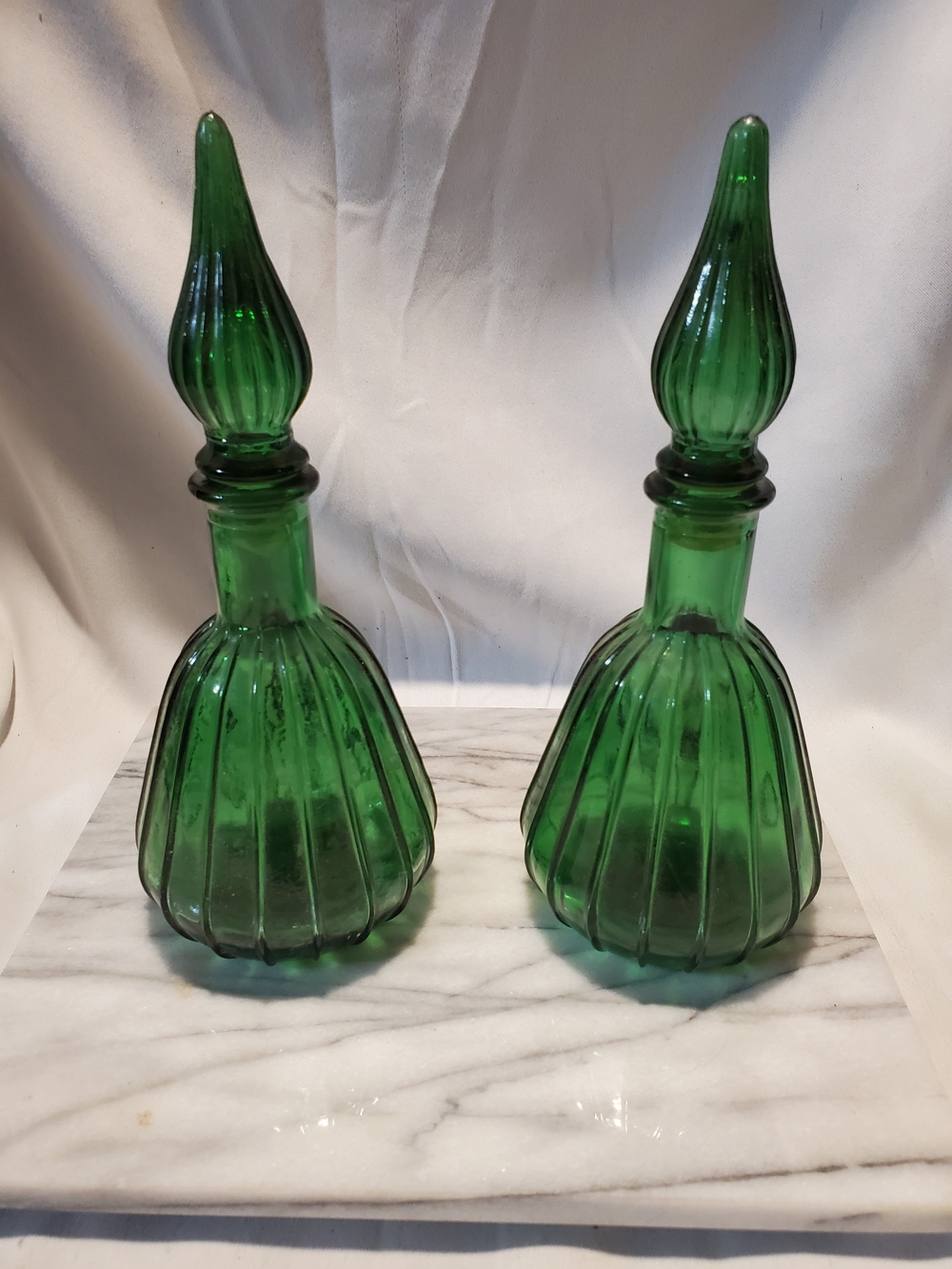 Vintage MCM Empoli Green Glass Genie Bottles Pair - 1960s Italian Art Glass...